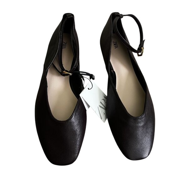 ZARA Women’s Leather Ballet Flats Chocolate Brown Size 8 Ankle Strap Buckle NWT - Picture 4 of 9
